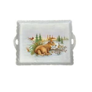 Vintage Hand painted Porcelain Tray with‎ Deer and Cardinal Signed by Artist EPC